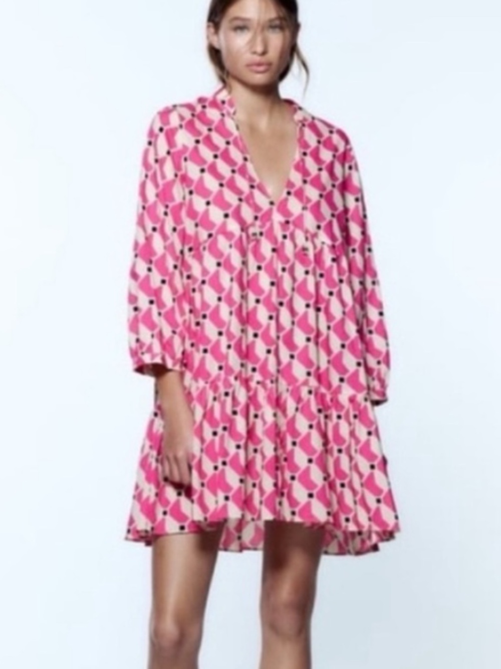 Zara Pink Geometric Print Cotton Tiered Mini Dress Size Small